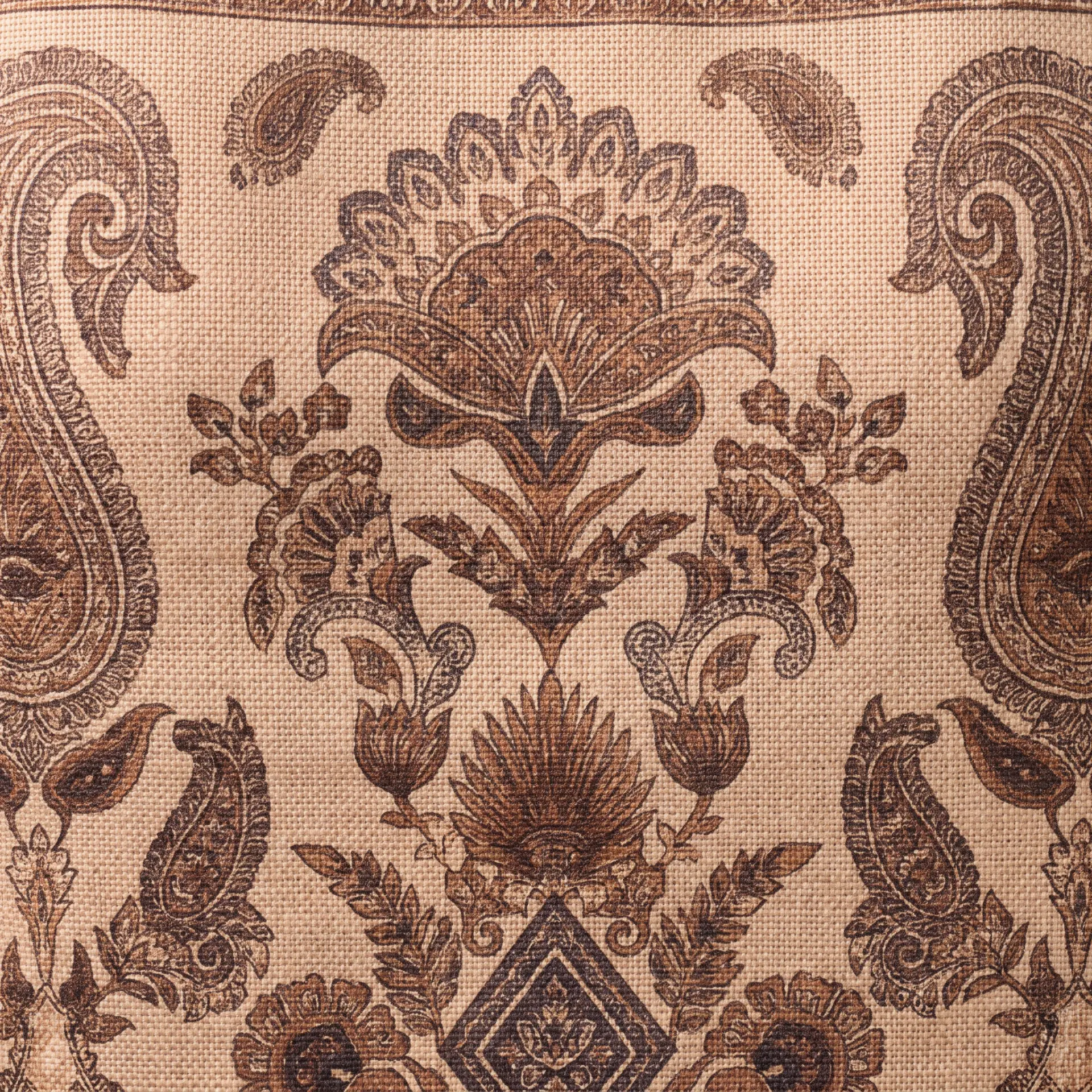 Archival floral and paisley textile motif in muted terracotta