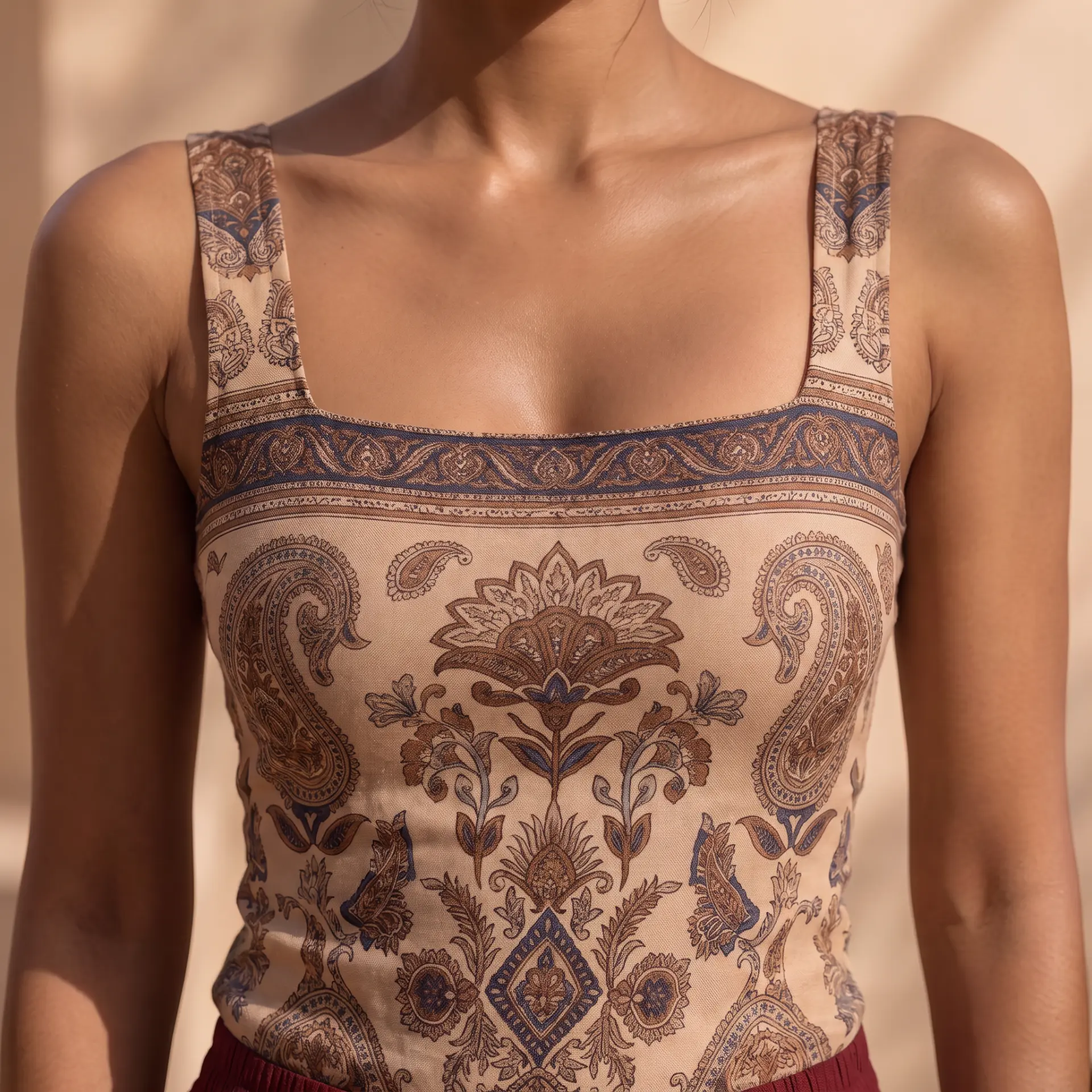 Close view of the Gulnaar bodysuit neckline and paisley pattern