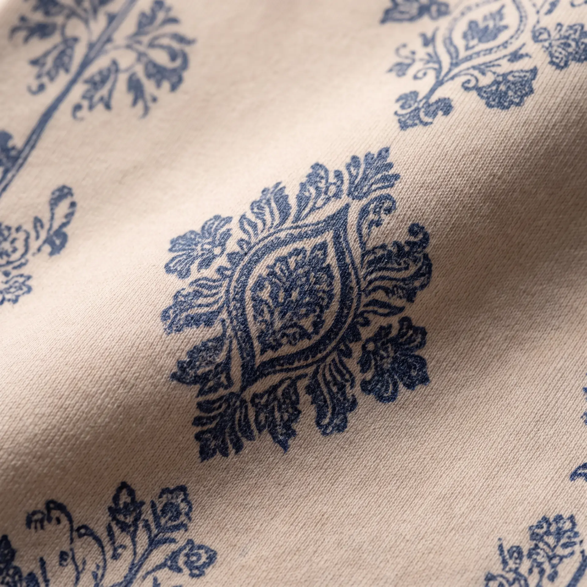 Close textile detail of the Neelambari indigo print