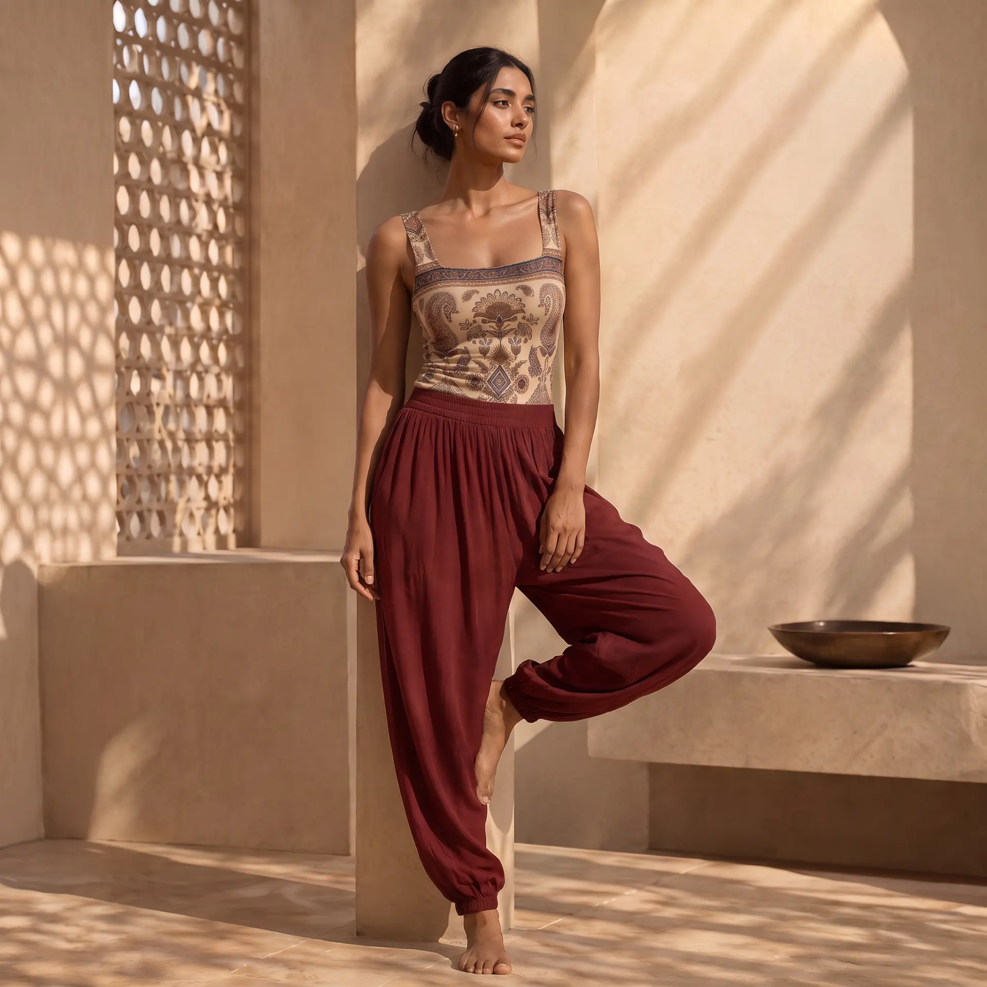 Model wearing the Gulnaar paisley bodysuit with deep red draped trousers